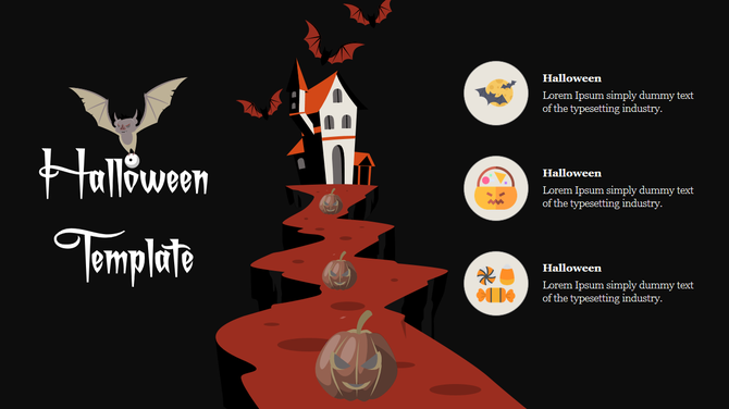Halloween scene with bats flying over a haunted house and a pumpkins along a red winding path, and three captions.