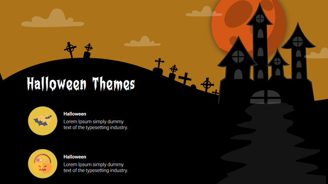 Halloween background with silhouetted castle, orange red full moon, graveyard hills, and two ghostly themed content blocks.
