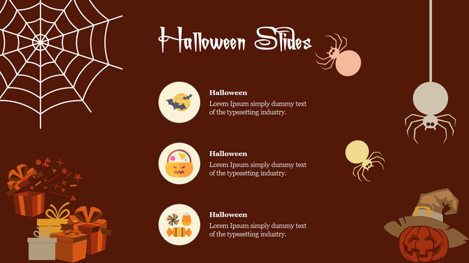 Festive Halloween slide with a large spiderweb on the left, spiders and pumpkins, and three themed icons with text entries.