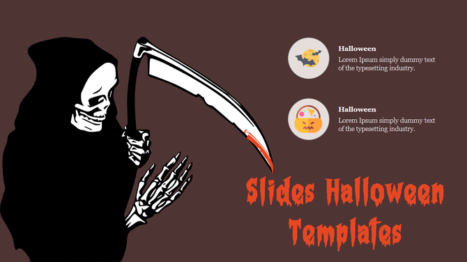 Halloween slide with a grim reaper holding a scythe, two icons with text, and a spooky title, set on a dark brown background