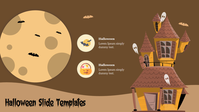 Halloween template featuring slanted house, ghost figures, bats flying over moon, and placeholder content blocks.