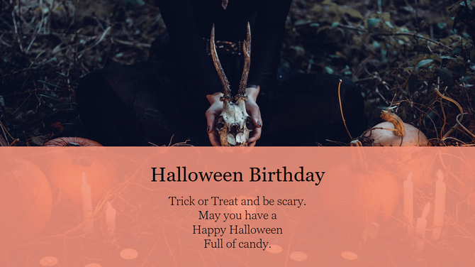 Dark forest floor with hands holding a skull, lit candles and pumpkins around, and a Halloween birthday greeting.