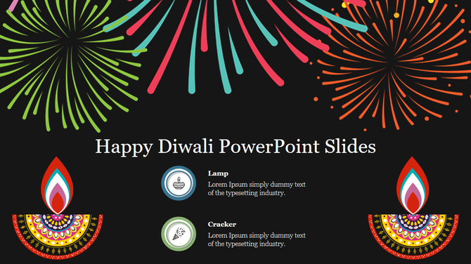 Dark background Diwali slide with colorful fireworks at the top, two decorative diyas at the bottom, and in the center.