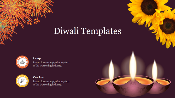 Festive Diwali design featuring lit diyas, orange and yellow fireworks, sunflowers, and two icons labeled Lamp and Cracker.