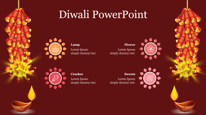 Diwali template featuring hanging crackers and diya lamps framing the four rangoli icons and text, on a red backdrop.