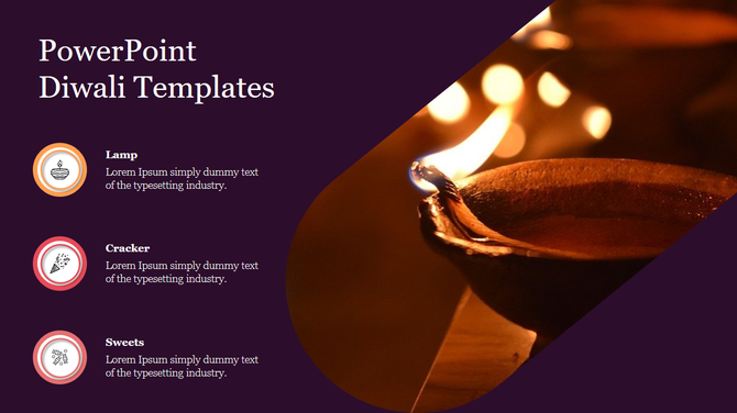 Diwali PowerPoint template featuring icons for lamps, crackers, and sweets, with an image of a lit diya in the background.