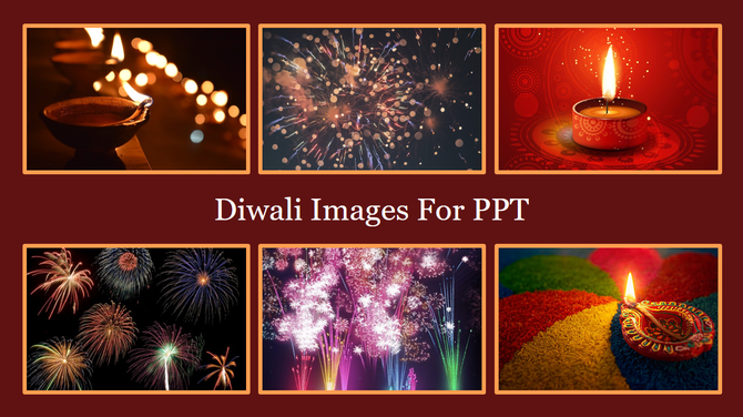 Collection of vibrant Diwali images featuring traditional oil lamps, fireworks, and colorful rangoli for presentations.