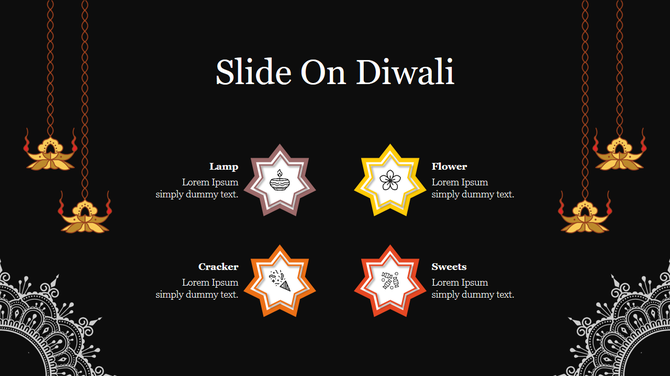 Decorative Diwali slide with hanging lamps, intricate corner designs, and four star shaped icons, on a black background.