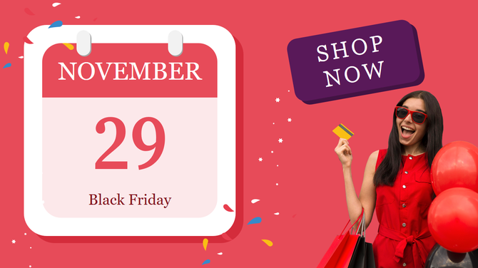 A PowerPoint slide showcasing a Black Friday sale on November 29 with a shopping call to action.