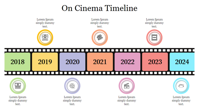 Colorful cinema timeline slide featuring a filmstrip graphic with years from 2018 to 2024, and various icons above and below.