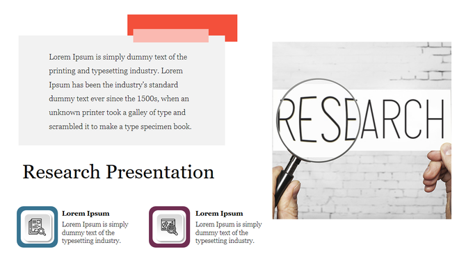 Research presentation slide with a magnifying glass focusing on the word and a text block with two icons.