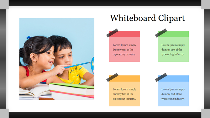 Whiteboard clipart with sticky note icons in orange, green, yellow, and blue, alongside a photo of two children studying.