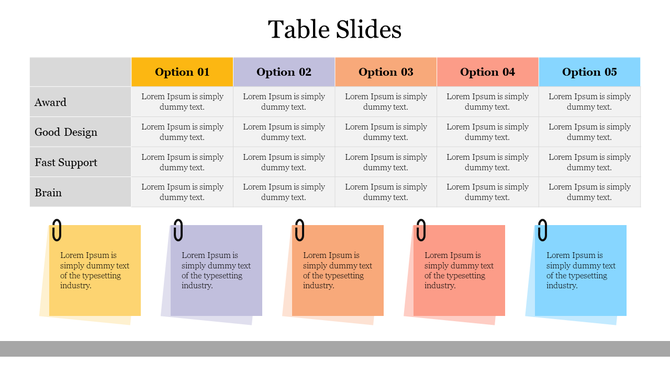 Colorful table slide showcasing options with headers for awards, design, support, and brainstorming with placeholder text.