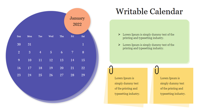Monthly calendar template showing January 2022 with writable boxes in green and yellow for custom notes and highlights.