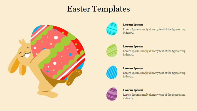 Easter themed PPT template with a bunny holding a large decorated egg and colorful egg icons beside placeholder text.