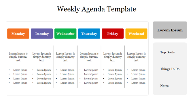 Weekly agenda slide with colorful sections for each day in orange, purple, green, blue, red, and yellow, and gray notes aea.