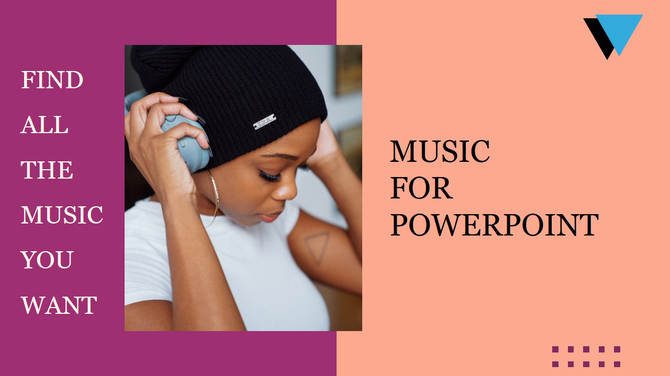 PowerPoint slide promoting free music with an image of a person listening to headphones on a split color backdrop.