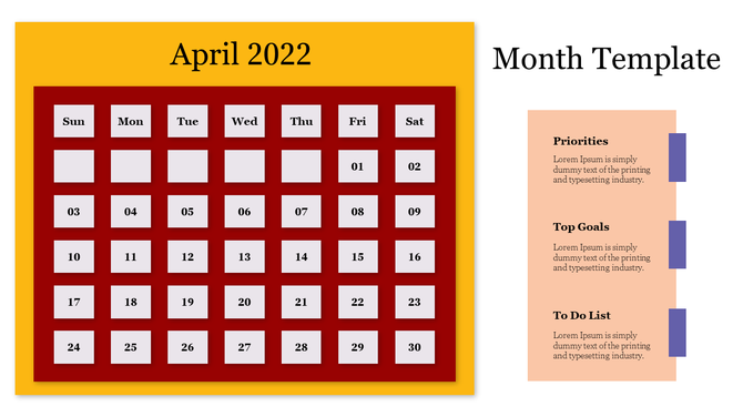 Monthly calendar layout for April 2022 with a red border, with areas on the right for entering priorities, goals, and list.