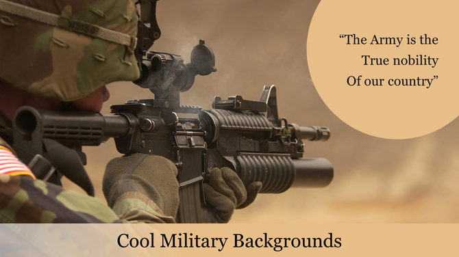 Military soldier in camouflage, holding an assault rifle in a desert environment, with a quote about the army's nobility.