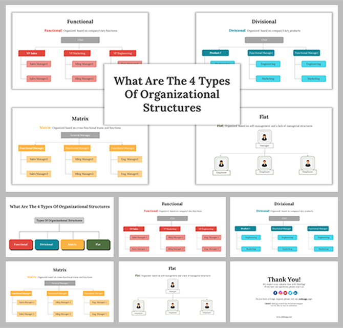 A collection of slides displaying four types of organizational structures with colorful icons and text boxes.
