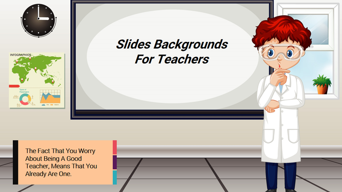 Cartoon character of a teacher standing in a classroom, with a presentation screen and a world map infographic.