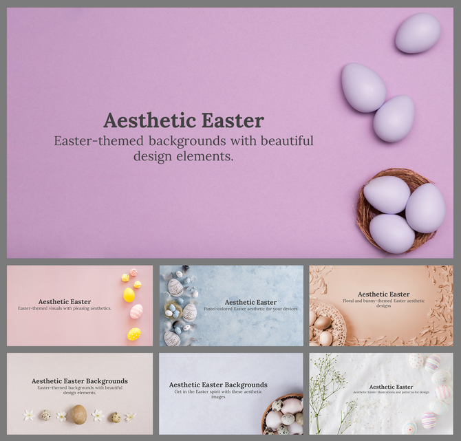 Collection of aesthetic Easter background slides with pastel colors, decorated eggs, and floral elements for a spring theme.