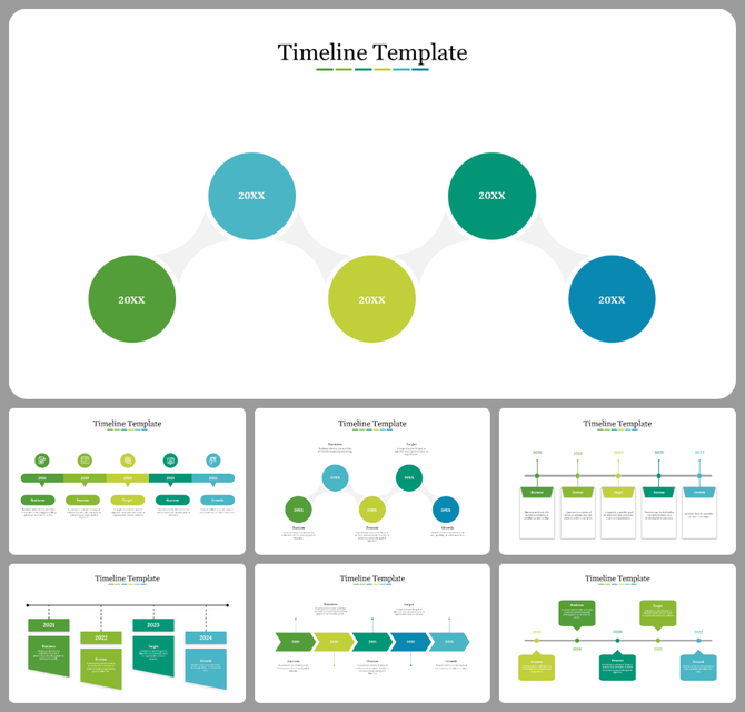 Timeline template with circular year markers connected by lines, and four additional timeline designs shown below.