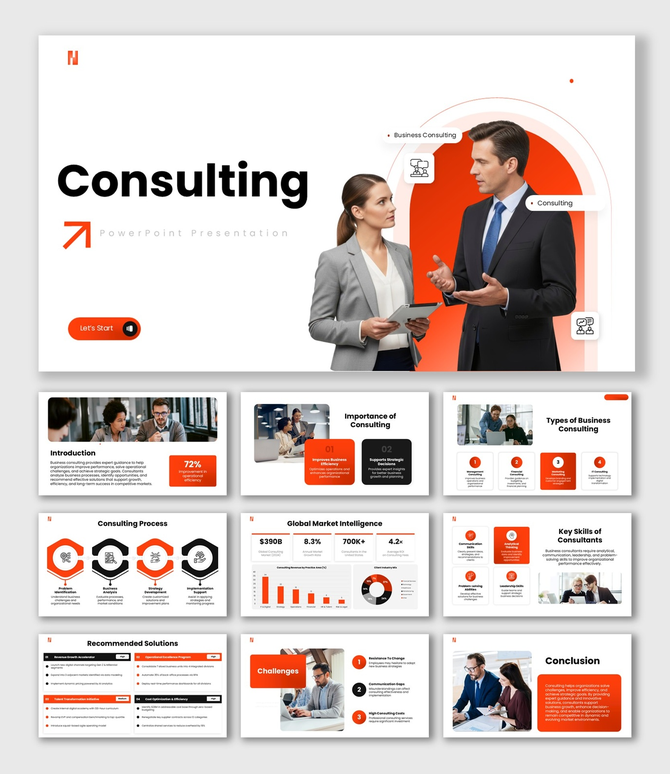 Consulting presentation with orange corporate theme, business visuals, charts, icons, infographic shapes, and text layouts.