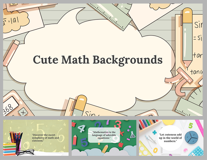 Fun math-themed background slides with charming illustrations of school supplies and mathematical symbols, add a cute touch.