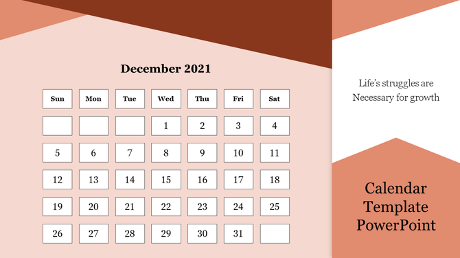 PowerPoint template for the December 2021 calendar with a motivational quote on the side and space for custom events.