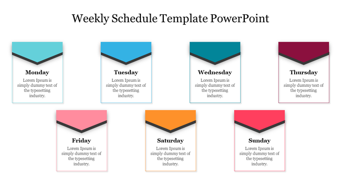 Weekly schedule slide with colored boxes for each day of the week, from monday to sunday.