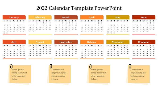 Structured 2022 calendar with bold headers for each month in various colors, and four yellow sticky notes clipped below.