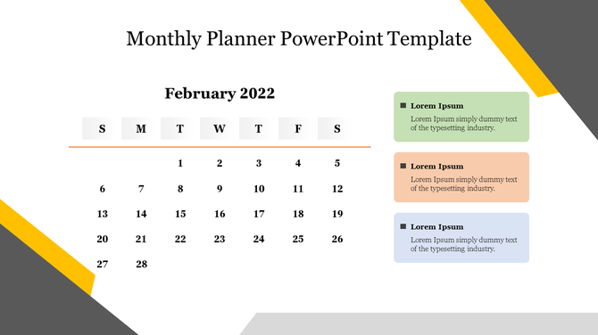 February 2022 monthly planner template with a calendar layout, colorful caption boxes for each week, and space for notes.