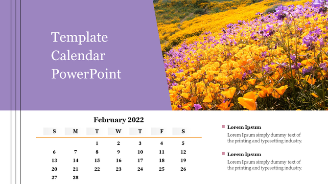 Calendar for February 2022 with a purple header and flower background, showing dates and caption areas.