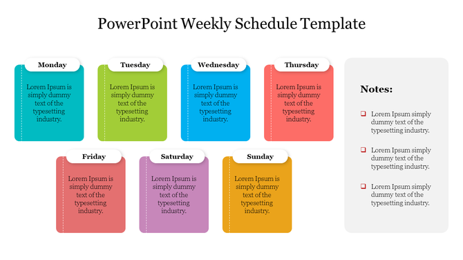 Weekly schedule template in teal, green, blue, red, orange, purple, and yellow boxes, and a notes section to the right.
