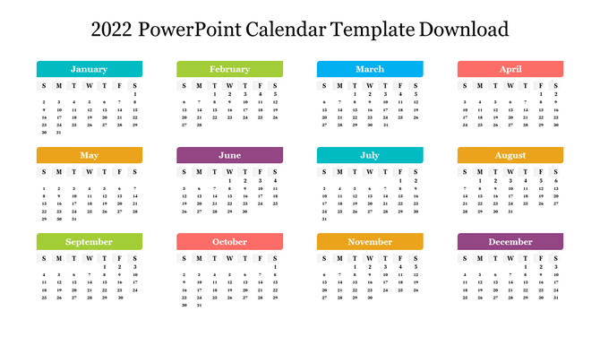 2022 PowerPoint calendar template showing all twelve months in a grid with distinct color blocks.