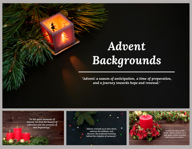 A festive Advent themed slides featuring candles, greenery, and inspirational quotes about the season of anticipation.