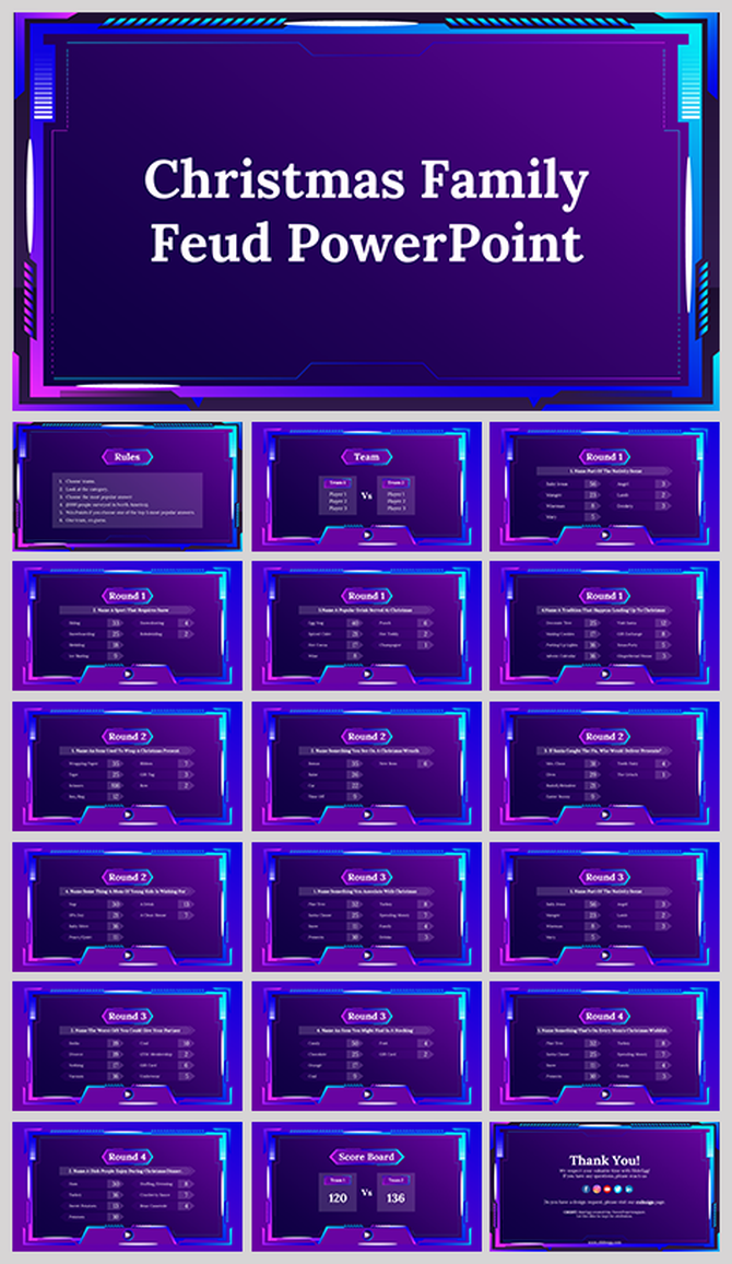 Christmas family feud slides are prominently displayed with various rounds and their topic information on a purple theme.