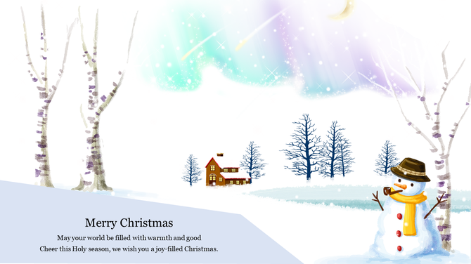 Wintery Christmas PPT slide scene with a snowman, trees, and a cozy house, featuring a festive holiday greeting.