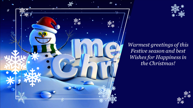 Holiday card featuring animated snowman, stylized snow, falling snowflakes, and warm Christmas message on the right side.