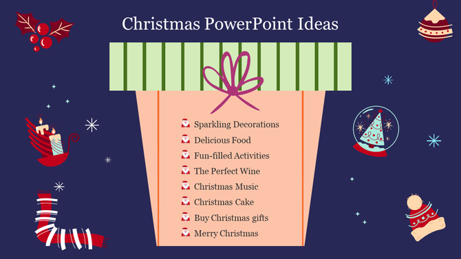 Holiday themed PowerPoint layout with a big present listing eight Christmas ideas, surrounded by winter and festive clipart.