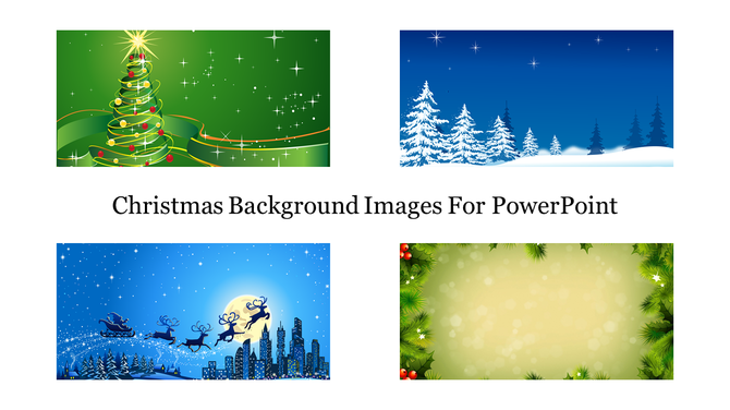 Template preview with four holiday backgrounds in green, blue, and gold themes with trees, stars, and festive icons.