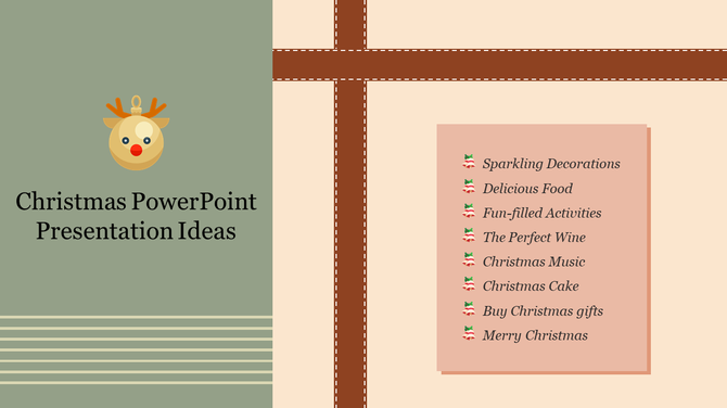 Graphic design for a christmas themed slide showcasing a list of festive activities and gift suggestions.