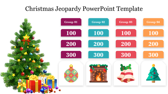 Christmas jeopardy board with four group boxes in purple, blue, red, and orange, a decorated tree, along with festive icons.