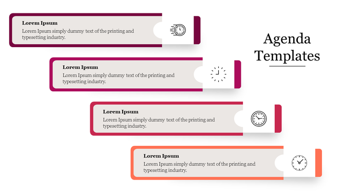 Four horizontal agenda sections with red and orange gradient borders and clock icons on the right.