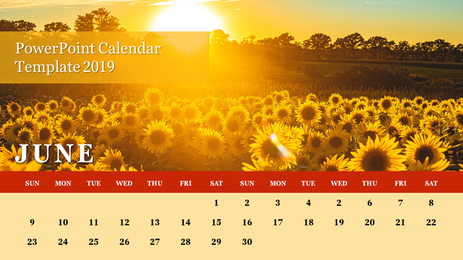 June calendar layout featuring red days banner, with sunflowers in a golden field and a vibrant sunset in the background.