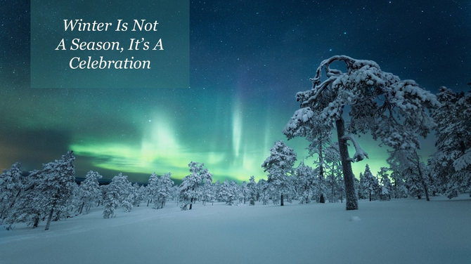 A serene winter scene featuring snow-covered trees under the green and blue glow of the northern lights.