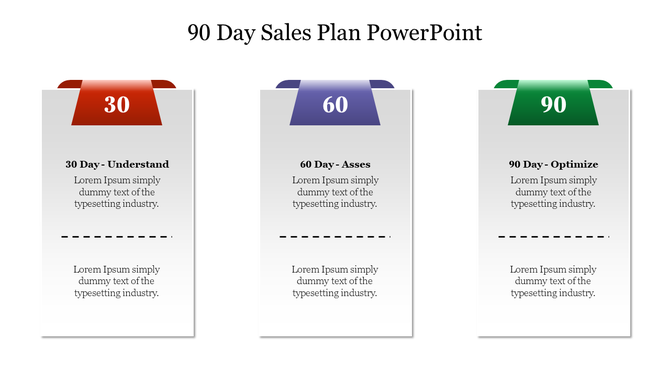 90 day sales plan PowerPoint slide has three stages in separate columns with placeholder text.