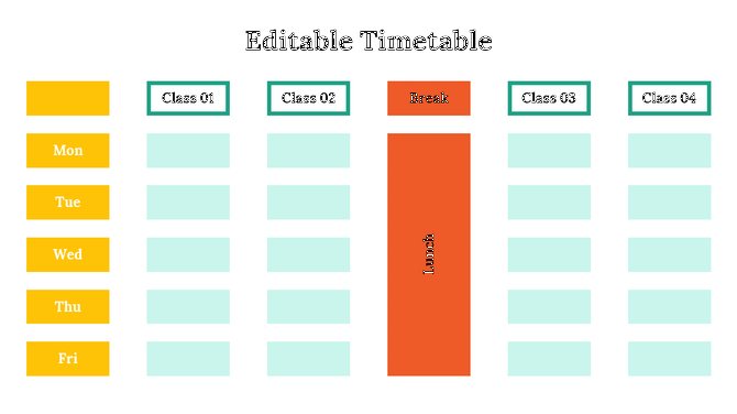 Timetable with a weekly layout showing Monday to Friday  four class slots per day, with a period highlighted in the middle.