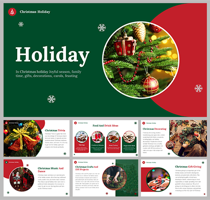 Christmas holiday slide deck with green and red theme, snowflake icons, and images of decorations, food, and gift giving.